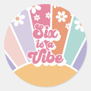 Sticker Rond Six est Vibe Retro Sunshine Rainbow Daisy