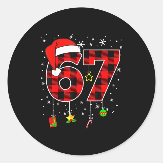 Sticker Rond Six Seven 67 Christmas Red Plaid Xmas Boys Kids Fu (Devant)