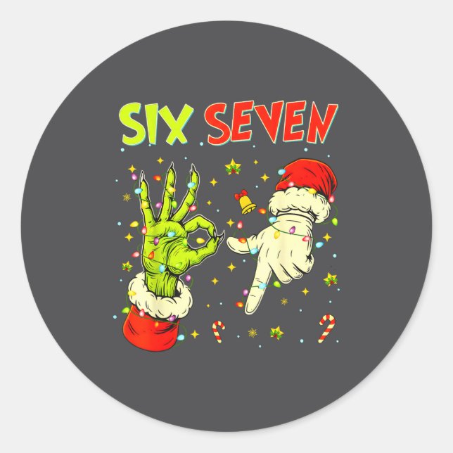 Sticker Rond Six Seven 67 Drôle de signe de la main Noël Meme  (Devant)