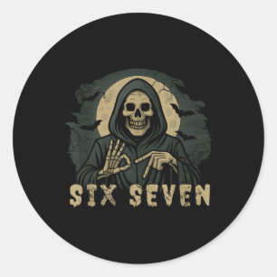 Sticker Rond Six Seven 67 Faucheuse Halloween Squelette Main S