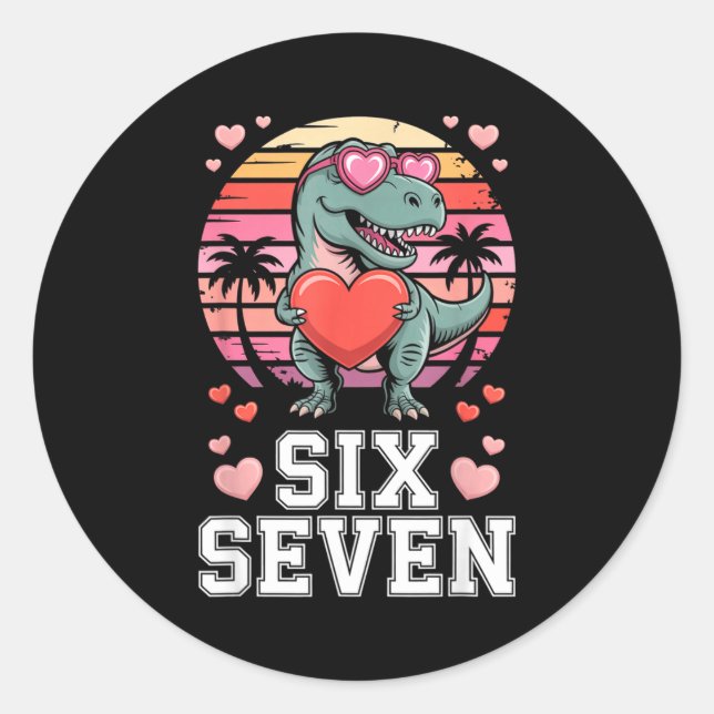 Sticker Rond Six Seven Valentine’s Day Dinosaur T-rex For Kids  (Devant)
