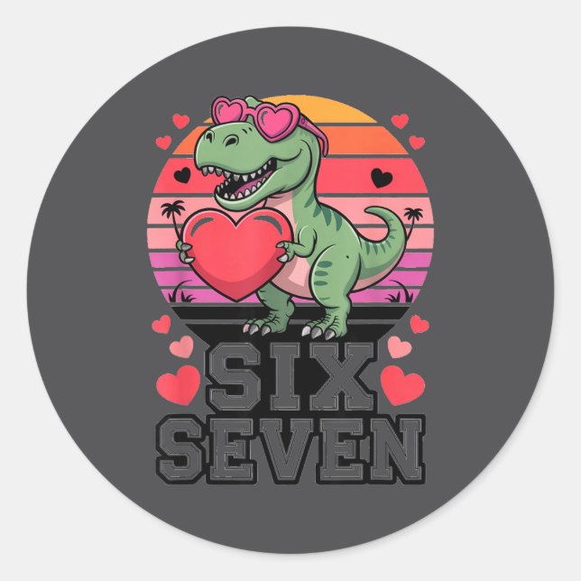 Sticker Rond Six Seven Valentine’s Day Dinosaur T-rex For Kids  (Devant)