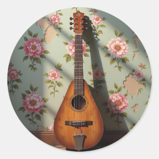 Sticker Rond Six-Stringed Dulcimer Vintage Floral