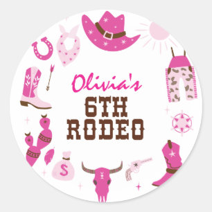 Sticker Rond Sixième Rodéo Rose Western Cowboy 6e anniversaire