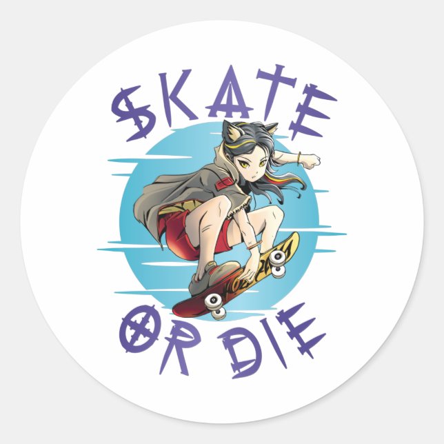 Sticker Rond Skate ou die Skateboarder Girl (Devant)