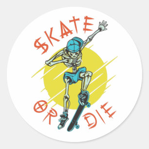 Sticker Rond Skate ou die Skeleton Skateboarder