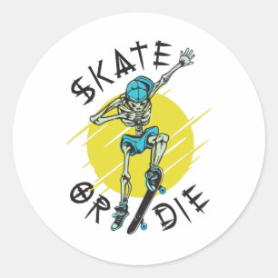 Sticker Rond Skate ou die Skeleton Skateboarder
