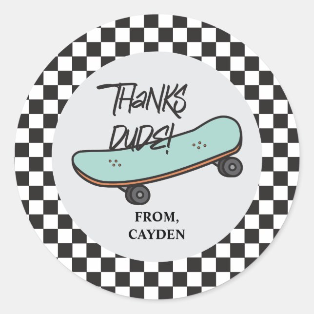 Sticker Rond Skateboard Let's Kick It Anniversaire Merci Favor (Devant)