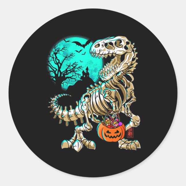 Sticker Rond Skeleton amusant TRex Halloween Garçons Dino Enfan (Devant)