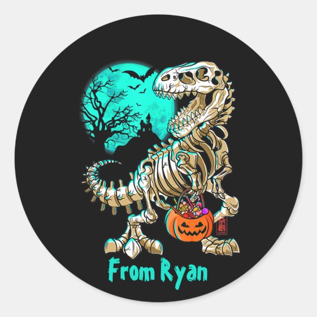 Sticker Rond Skeleton amusant TRex Halloween Garçons Dino Enfan (Devant)