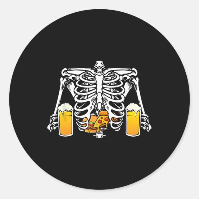Sticker Rond Skeleton Beer Lover Hamburger Pizza Xray Halloween (Devant)