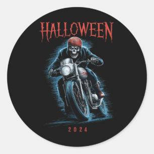 Sticker Rond Skeleton Biker déplaisant Sur Moto Halloween 2024