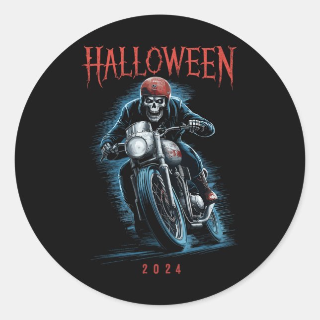 Sticker Rond Skeleton Biker Sur Moto Halloween 2024 Éffrayant (Devant)