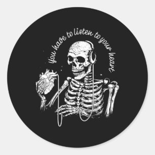 Sticker Rond Skeleton Casque Coeur Musique gothique Halloween S