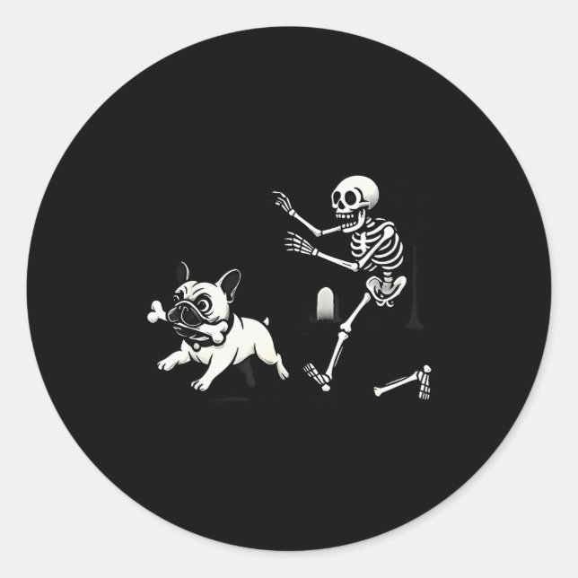 Sticker Rond Skeleton Chasing French Bulldog Biting Leg Bone Ha (Devant)