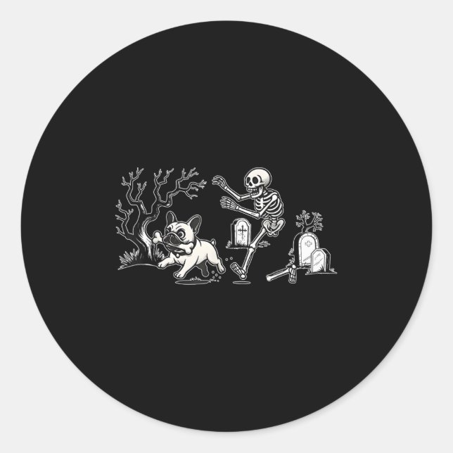 Sticker Rond Skeleton Chasing French Bulldog Halloween Dog Mom  (Devant)