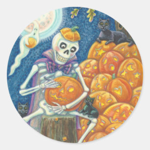 STICKER ROND SKELETON, CHATS NOIRS CARVANT DES JACKS, BILLETS