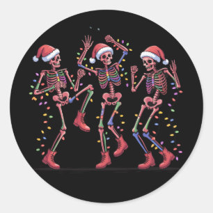 Sticker Rond Skeleton Christmas Dancing Skeleton Lights Joyeux