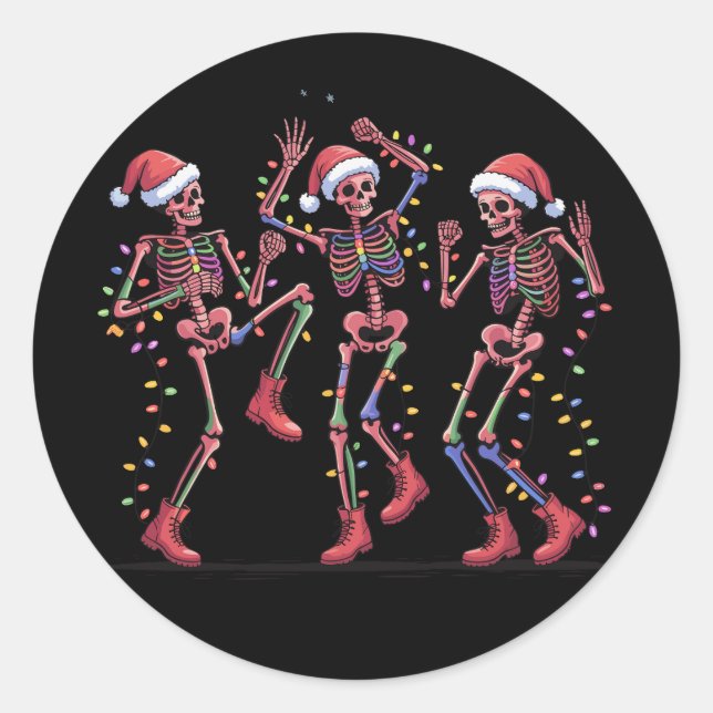 Sticker Rond Skeleton Christmas Dancing Skeleton Lights Joyeux (Devant)