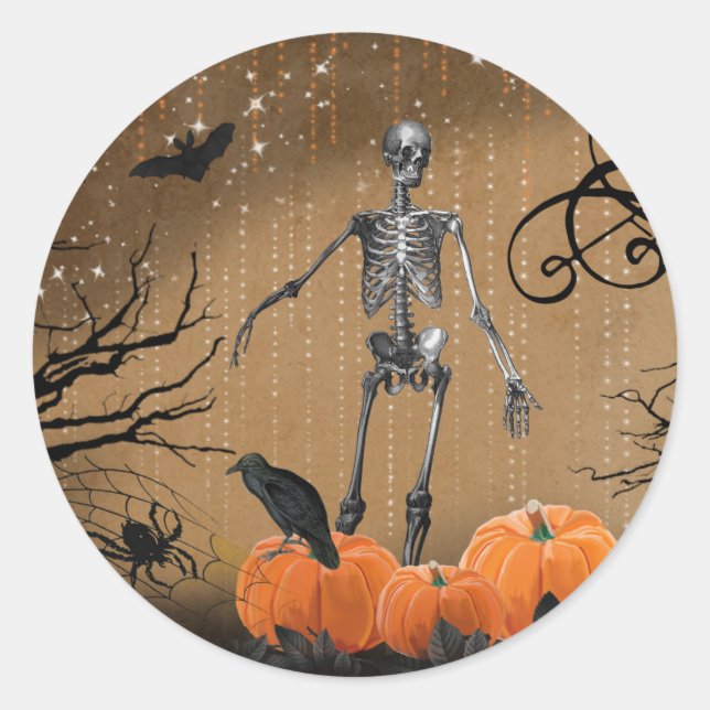 Sticker Rond Skeleton Citrouille d'Halloween (Devant)