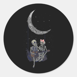 Sticker Rond Skeleton Couple Moon Swing Jouer Guitare Hallowee