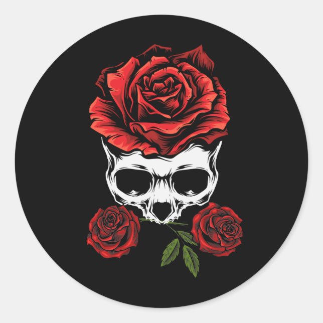 Sticker Rond Skeleton Crâne avec Rose Romantique Floral Décès (Devant)