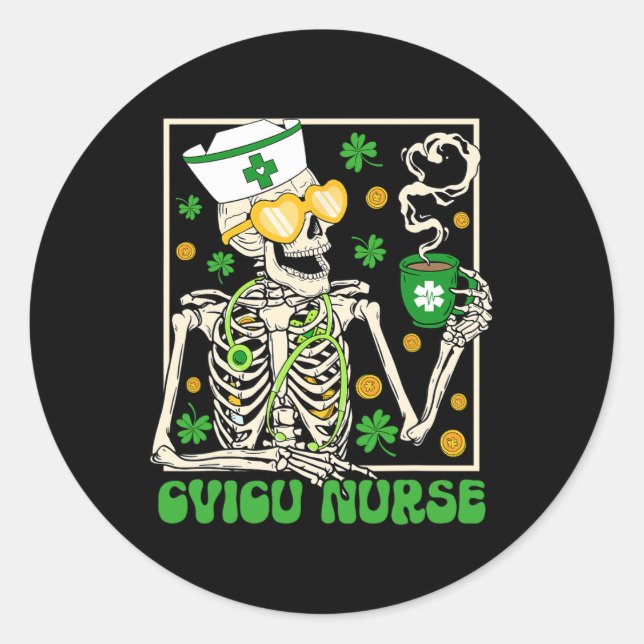 Sticker Rond Skeleton Cvicu Infirmière Coffee Shamrock P (Devant)