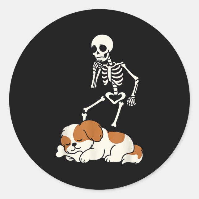 Sticker Rond Skeleton Dog Halloween Skeleton Chasse Shih Tzu S (Devant)