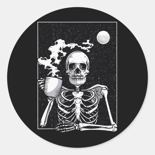 Sticker Rond Skeleton Drinking Coffee Halloween Costume (Devant)