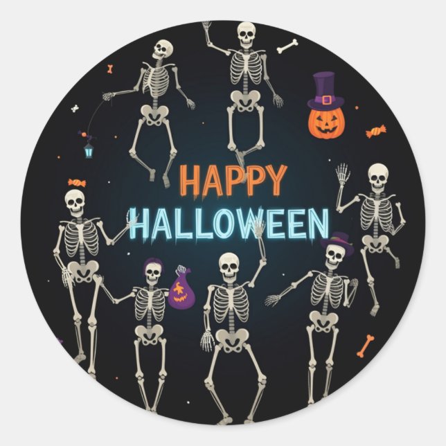 Sticker Rond Skeleton effrayant "Happy Halloween" (Devant)