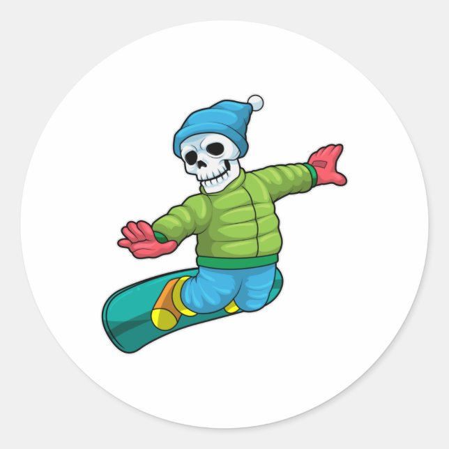 Sticker Rond Skeleton en Snowboard avec Snowboard (Devant)