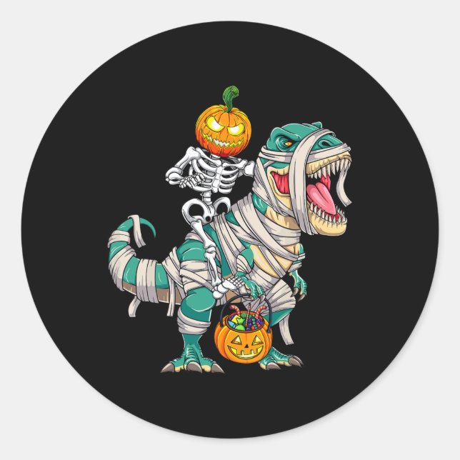 Sticker Rond Skeleton équitation maman Dinosaur T rex Halloween (Devant)