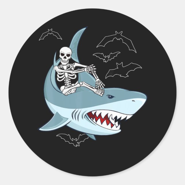 Sticker Rond Skeleton équitation requin Drôle cadeaux d'Hallowe (Devant)