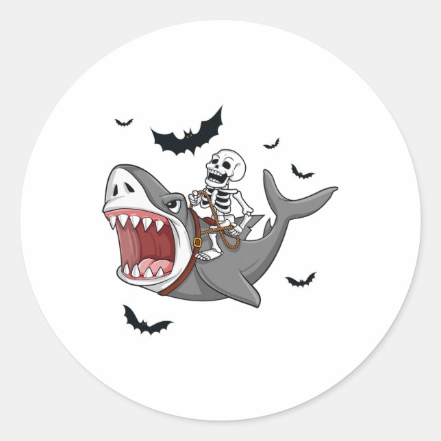 Sticker Rond Skeleton équitation Requin Effrayant Halloween Gar (Devant)