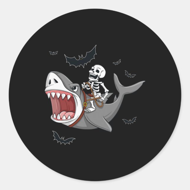 Sticker Rond Skeleton équitation Requin Effrayant Halloween Gar (Devant)