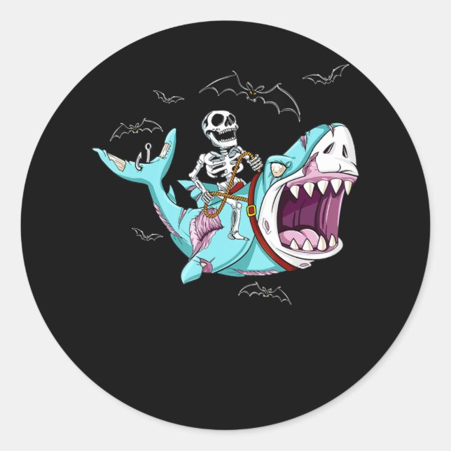 Sticker Rond Skeleton équitation Zombie Shark Funny Halloween c (Devant)