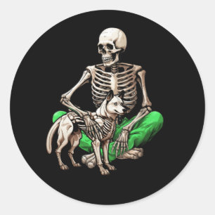 Sticker Rond Skeleton Et Chien Lazy Costume Halloween Drôle Sku