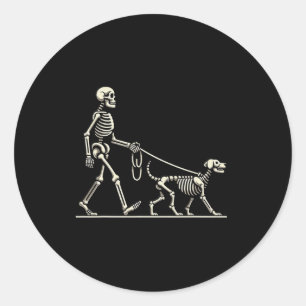 Sticker Rond Skeleton Et Chien Lazy Costume Halloween Drôle Sku