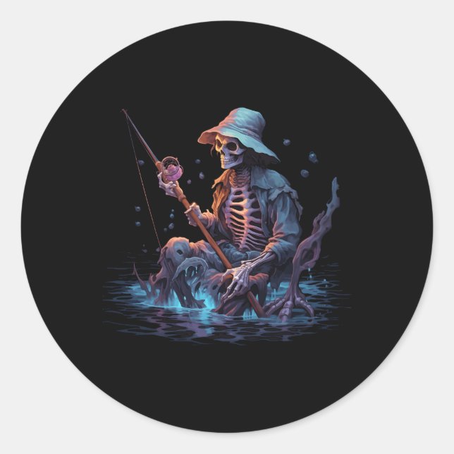 Sticker Rond Skeleton Fishing Halloween Basse Fisher Skeleton (Devant)