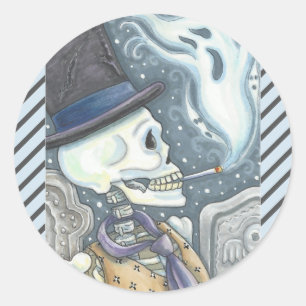 STICKER ROND SKELETON FUMEUR, BILLETS DE CIMETIÈRE TOUT AU LONG