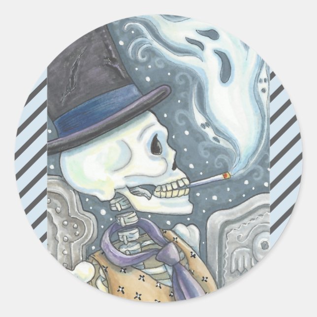 STICKER ROND SKELETON FUMEUR, BILLETS DE CIMETIÈRE TOUT AU LONG (Devant)