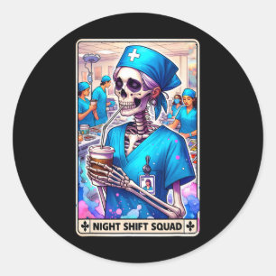 Sticker Rond Skeleton Funny Tarot Card Nuit Shift Squad Hallow