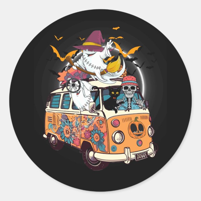 Sticker Rond Skeleton Ghost Riding Horreur Hippie Van Halloween (Devant)