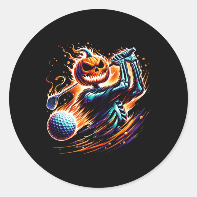 Sticker Rond Skeleton Golf Halloween Citrouille Golfer Golfer (Devant)