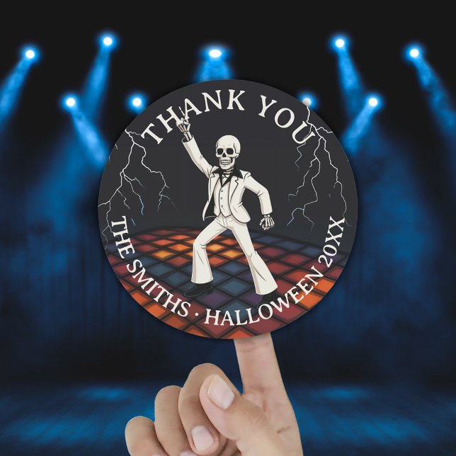 Sticker Rond Skeleton Halloween Disco Party Merci (Skeleton Halloween Disco Party Thank You Classic Round Sticker)