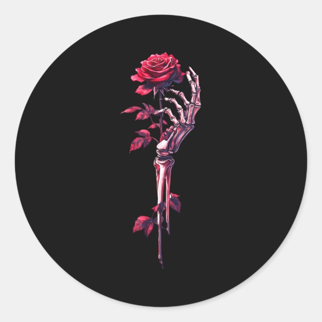 Sticker Rond Skeleton Hand Holding Rose Red Rose Flower  (Devant)