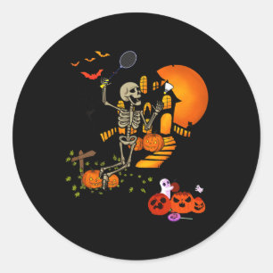Sticker Rond Skeleton Jouer Badminton Sport Effrayant Halloween