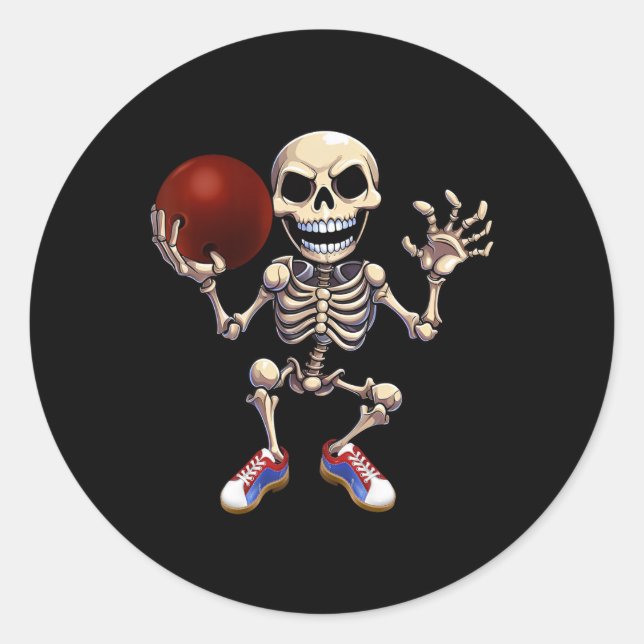 Sticker Rond Skeleton Jouer Bowling Funny Halloween Skull Kid (Devant)