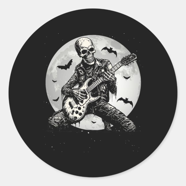 Sticker Rond Skeleton Jouer Guitare Punk Rock Musique Halloween (Devant)