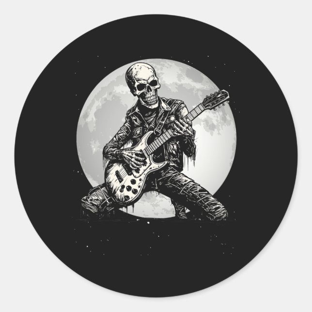 Sticker Rond Skeleton Jouer Guitare Punk Rock Musique Halloween (Devant)